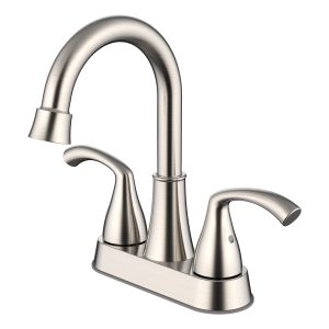 Brushed nickel two-handle bathroom faucet with high curved spout and pull-down spray feature