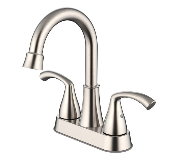 Brushed nickel two-handle bathroom faucet with high curved spout and pull-down spray feature