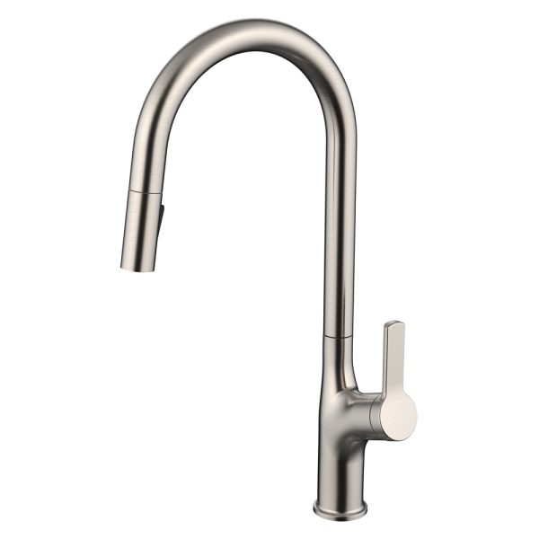 Brushed nickel single-handle kitchen faucet with high arc spout and pull-down spray nozzle