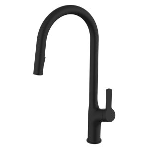 Matte black single-handle kitchen faucet with high arc spout and pull-down sprayer