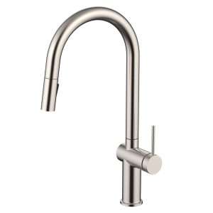 Contemporary brushed nickel kitchen faucet with retractable spray nozzle and minimal single handle design