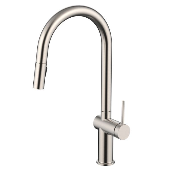 Contemporary brushed nickel kitchen faucet with retractable spray nozzle and minimal single handle design