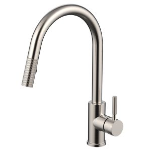 Stainless steel kitchen faucet with textured pull-down spray and single handle lever
