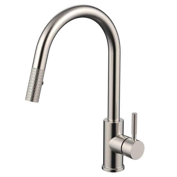 Stainless steel kitchen faucet with textured pull-down spray and single handle lever