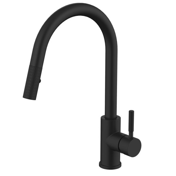 Black kitchen faucet with textured pull-down spray nozzle and single handle lever design