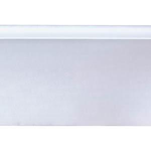 White painted wooden baseboard molding trim viewed from front angle