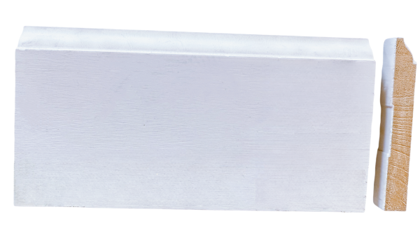 White painted baseboards with simple rectangular profile and wood grain texture visible