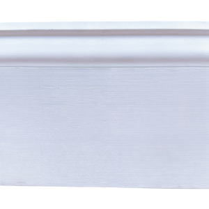 White painted baseboard molding with simple flat profile and decorative top edge