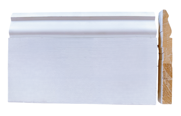 White painted baseboard molding with simple flat profile and decorative top edge