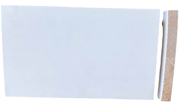 White primed baseboard molding with textured wood grain detail and natural wood edge strip