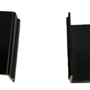Black metal U-channel or C-channel brackets shown from front and side angles