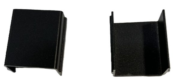 Black metal U-channel or C-channel brackets shown from front and side angles