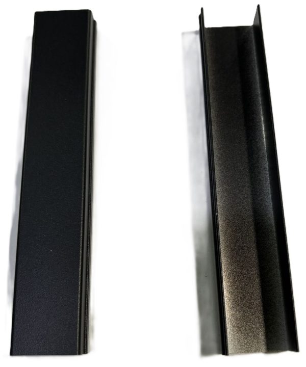 Black metal rectangular channel or rail sections displayed in closed and open configurations