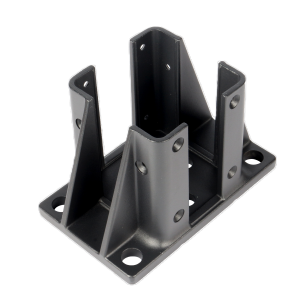 Gray metal post base or bracket with multiple attachment holes and center channel