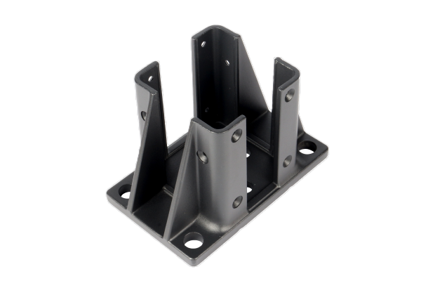 Gray metal post base or bracket with multiple attachment holes and center channel