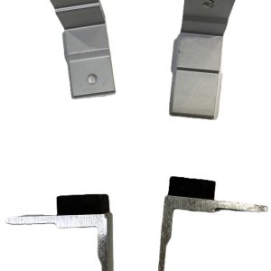 Metal shelf brackets and clips in silver and black, including angled support brackets and L-shaped corner brackets for furniture assembly