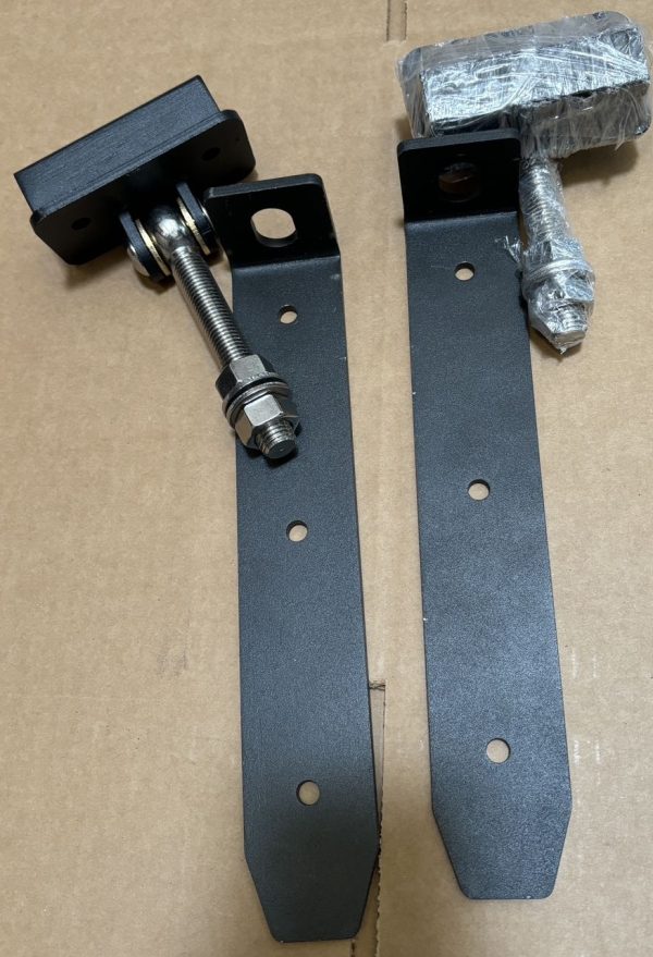 Metal cabinet hardware kit with blue-gray mounting brackets, bolts, and wrapped handle
