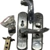 Metal fence hardware kit including brackets, latches, hinges, and mounting components wrapped in plastic