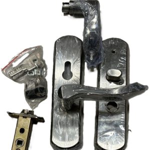 Metal fence hardware kit including brackets, latches, hinges, and mounting components wrapped in plastic