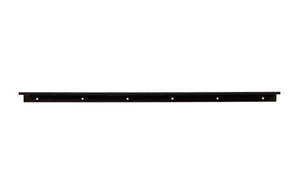 Black metal shelf rail with six mounting holes for wall installation