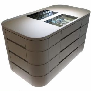 Contemporary taupe bathroom vanity with curved edges, multiple drawers, and dual rectangular sink openings on white surface