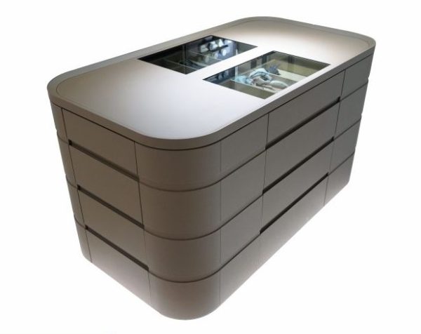 Contemporary taupe bathroom vanity with curved edges, multiple drawers, and dual rectangular sink openings on white surface