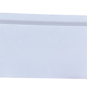 White primed baseboard molding with decorative edge profile and natural wood backing strip