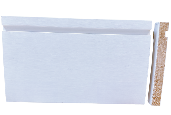 White primed baseboard molding with decorative edge profile and natural wood backing strip