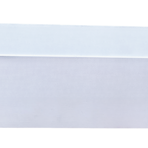 White painted baseboard with wooden core visible on right edge
