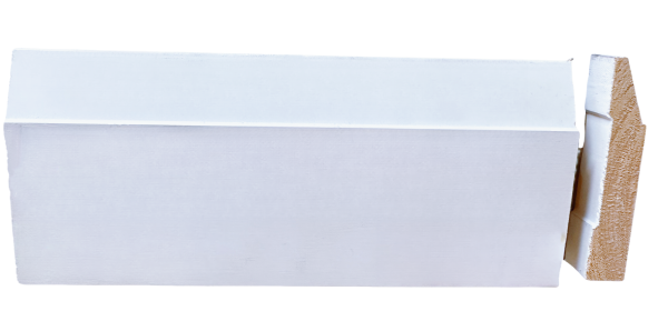 White painted baseboard with wooden core visible on right edge