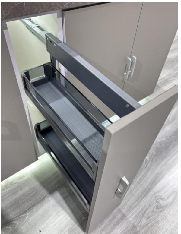 Open kitchen cabinet with pull-out drawer organizers showing two gray mesh storage trays
