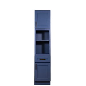Tall navy blue bathroom storage cabinet with upper door, open shelving with two compartments, drawer, and lower cabinet door with gold handle