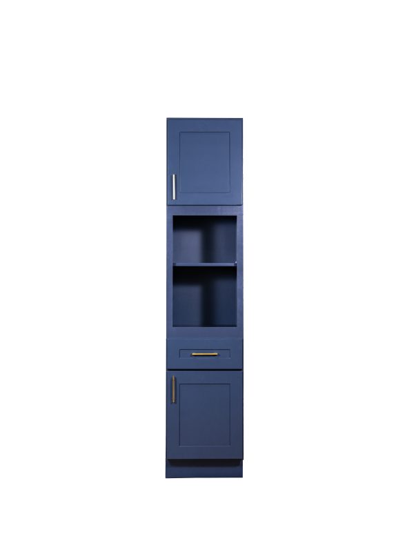 VLC18840-M92 Tall navy blue bathroom storage cabinet with upper door, open shelving with two compartments, drawer, and lower cabinet door with gold handle