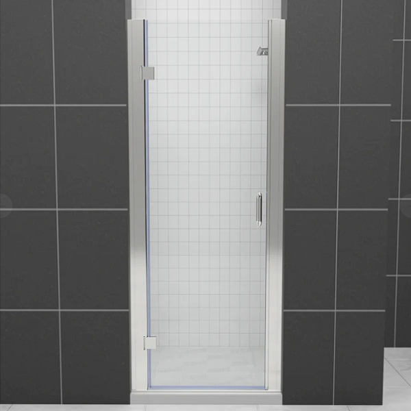 Frameless glass shower door with white subway tile enclosure and chrome hardware