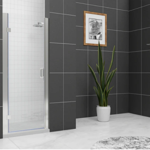 Modern bathroom with black large-format tile walls, frameless glass shower door, white floor, potted plant and framed artwork