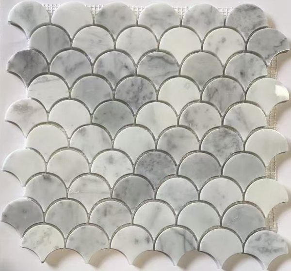 Marble mosaic tile pattern featuring curved fan-shaped white and gray tiles arranged in repeating rows
