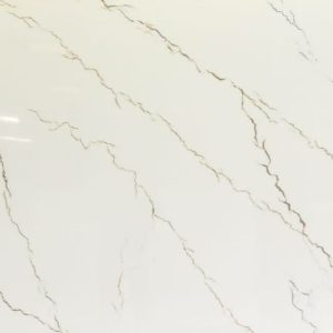 White marble surface with diagonal golden and taupe veining pattern