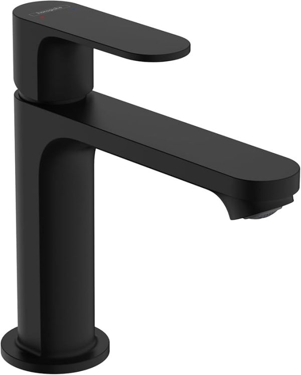 Matte black modern single-handle bathroom faucet with cylindrical design and extended spout