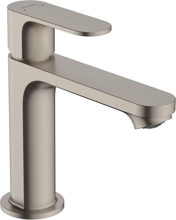 Brushed nickel contemporary single-handle bathroom faucet with cylindrical base and curved spout
