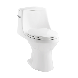 Contemporary white one-piece toilet with open seat and tank