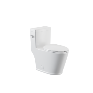 Modern white one-piece toilet with closed lid and tank handle