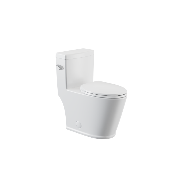 Modern white one-piece toilet with closed lid and tank handle