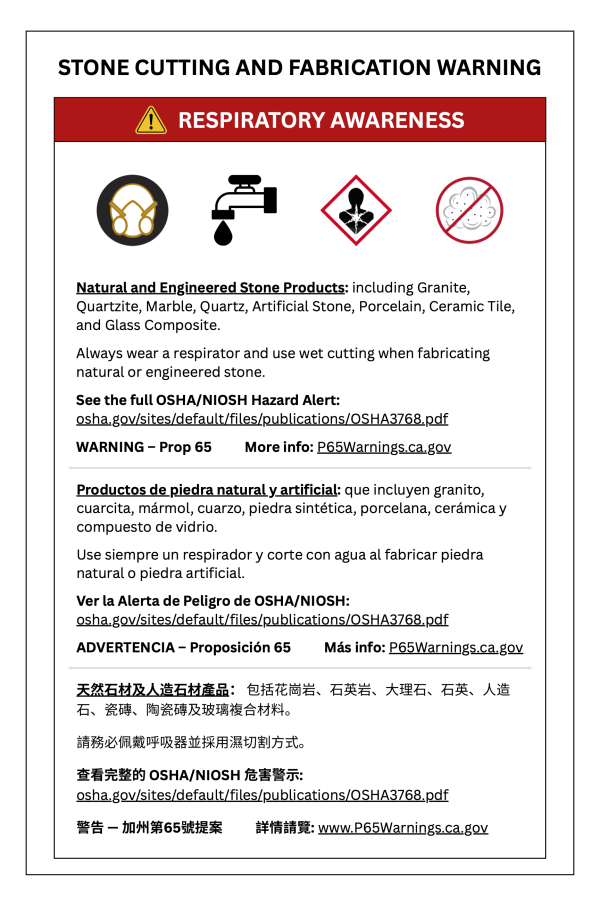 Stone cutting and fabrication warning poster with respiratory awareness information in English, Spanish, and Chinese