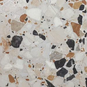 Terrazzo flooring with white base, black aggregate, tan and brown stone chips, and white marble flecks in polished finish