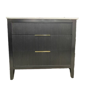 Dark gray bathroom vanity with vertical fluted front panels and three drawers, contemporary style