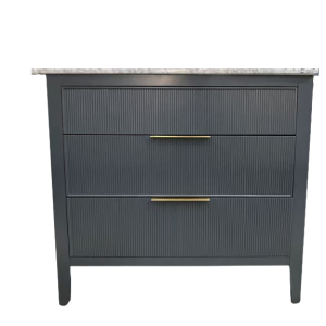 Dark gray 3-drawer nightstand with marble top and brass handles