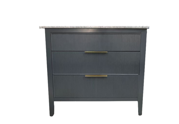 Dark gray 3-drawer nightstand with marble top and brass handles