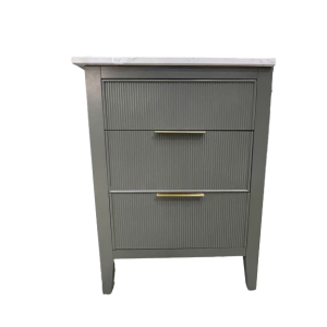 Gray-green 3-drawer nightstand with marble top and brass handles