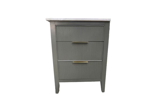 Gray-green 3-drawer nightstand with marble top and brass handles