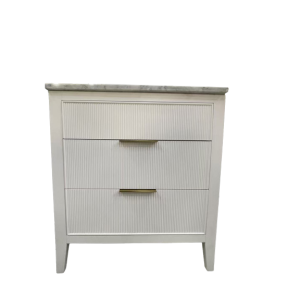 Light cream-colored 3-drawer nightstand with marble top and brass handles